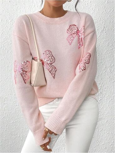 MakeMeChic Women's Crew Neck Sweater Bow Knot Sequin Long Sleeve Drop Shoulder Knit Top in Saudi Arabia