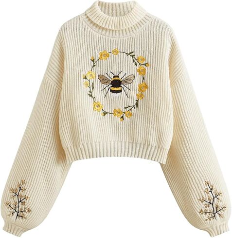 المرأة الأزهار المطرزة انخفاض الكتف المحاصيل البلوزات طويلة الأكمام الياقة المدورة متماسكة السترة in Kuwait