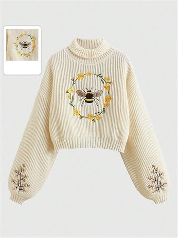 المرأة الأزهار المطرزة انخفاض الكتف المحاصيل البلوزات طويلة الأكمام الياقة المدورة متماسكة السترة in Kuwait