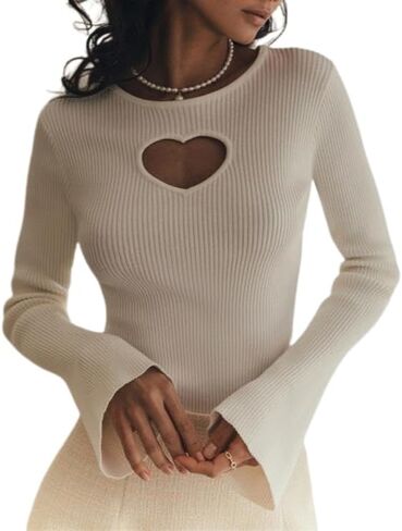 Chvity Women's Heart Cut-Out Knit Sweater – Round Neck Long Sleeve Ribbed 2025 Valentine's Day Pullover Tops in Saudi Arabia