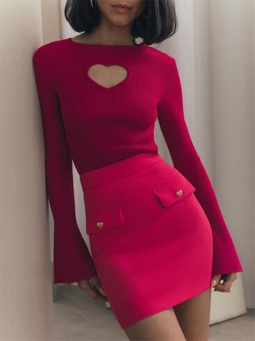 Chvity Women's Heart Cut-Out Knit Sweater – Round Neck Long Sleeve Ribbed 2025 Valentine's Day Pullover Tops in Saudi Arabia