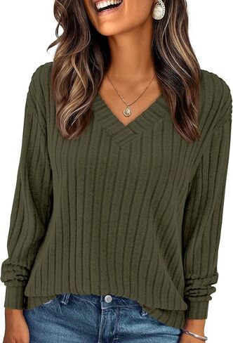 PRETTYGARDEN Fall Fashion 2025 Long Sleeve Shirts for Women Ribbed Knit V Neck Dressy Casual Lightweight Sweaters Tunic Tops in Saudi Arabia