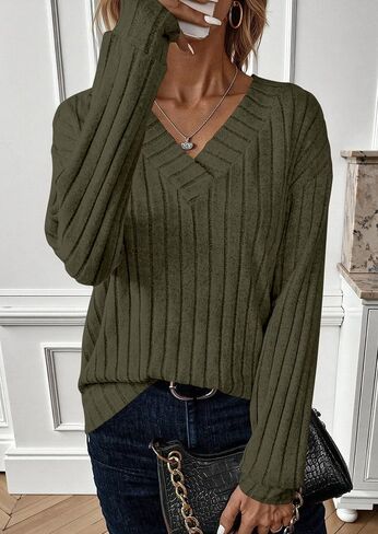 PRETTYGARDEN Fall Fashion 2025 Long Sleeve Shirts for Women Ribbed Knit V Neck Dressy Casual Lightweight Sweaters Tunic Tops in Saudi Arabia