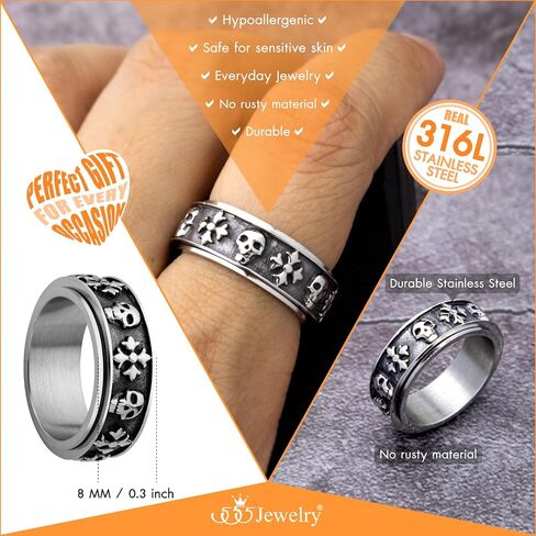 555Jewelry جمجمة خواتم من الفولاذ المقاوم للصدأ للرجال، خواتم جمجمة راكب الدراجة النارية للرجال، خاتم عتيق قوطي رائع، موت هيكل عظمي عتيق، مقاس الولايات المتحدة 8-13 in Kuwait