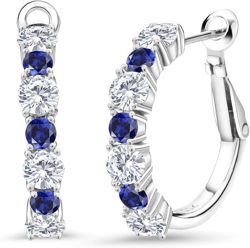Gem Stone King 2.68 Cttw White Moissanite and Blue Created Sapphire Hoop Earrings For Women | 925 Sterling Silver | Gemstone Birthstone | Round 4MM and 3MM in Saudi Arabia
