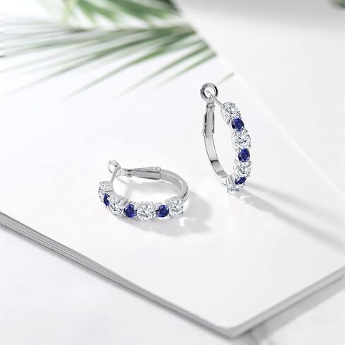 Gem Stone King 2.68 Cttw White Moissanite and Blue Created Sapphire Hoop Earrings For Women | 925 Sterling Silver | Gemstone Birthstone | Round 4MM and 3MM in Saudi Arabia