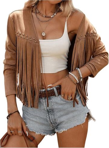 Floerns Women's Western Long Sleeve Tassel Trim Cardigan Open Front Concert Jacket Coat in Kuwait