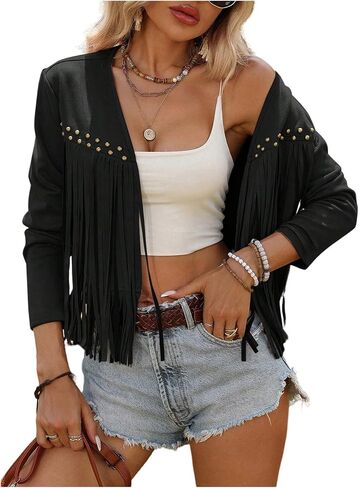 Floerns Women's Western Long Sleeve Tassel Trim Cardigan Open Front Concert Jacket Coat in Kuwait