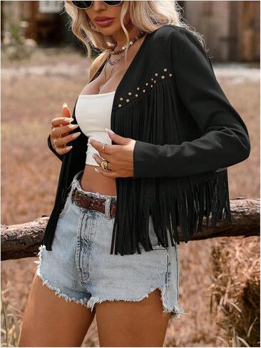 Floerns Women's Western Long Sleeve Tassel Trim Cardigan Open Front Concert Jacket Coat in Kuwait