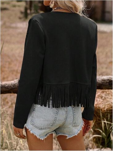 Floerns Women's Western Long Sleeve Tassel Trim Cardigan Open Front Concert Jacket Coat in Kuwait