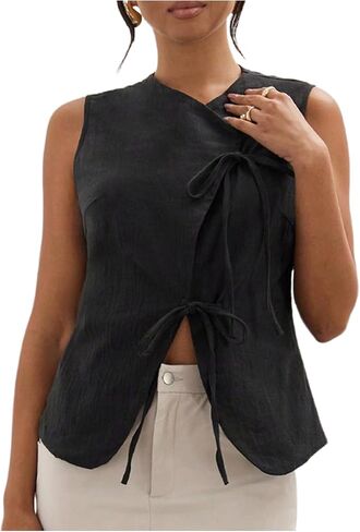 Milumia Women's Bow Tie Tank Top Wrapped Sleeveless Split Hem Summer Causual Linen Vest Tops in Saudi Arabia