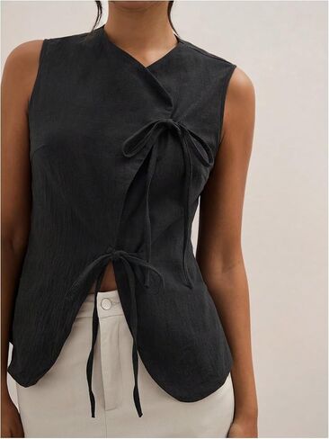 Milumia Women's Bow Tie Tank Top Wrapped Sleeveless Split Hem Summer Causual Linen Vest Tops in Saudi Arabia