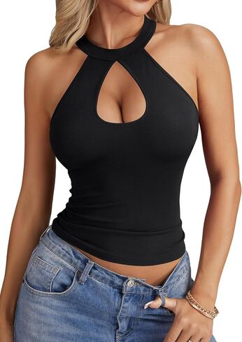 LYANER Women's Ribbed Knit Halter Neck Cut Out Sleeveless Slim Fit Sexy Crop Top Cami in Saudi Arabia