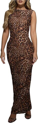Milumia Women's Leopard Printed Boat Neck Maxi Dress Sleeveless Bodycon Party Club Tank Dresses in Kuwait