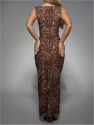 Milumia Women's Leopard Printed Boat Neck Maxi Dress Sleeveless Bodycon Party Club Tank Dresses in Kuwait