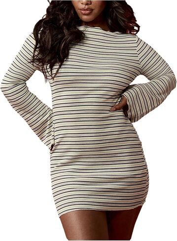 فستان نسائي قصير مخطط بأكمام طويلة من SweatyRocks، فساتين ضيقة مضلعة ورقبة على شكل قارب in Kuwait