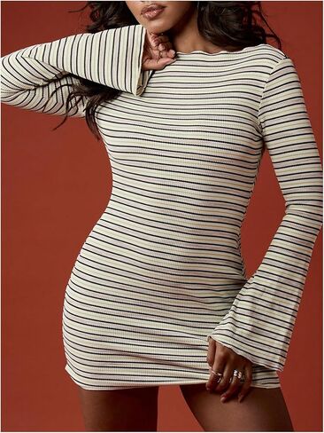 فستان نسائي قصير مخطط بأكمام طويلة من SweatyRocks، فساتين ضيقة مضلعة ورقبة على شكل قارب in Kuwait