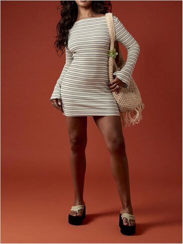 فستان نسائي قصير مخطط بأكمام طويلة من SweatyRocks، فساتين ضيقة مضلعة ورقبة على شكل قارب in Kuwait