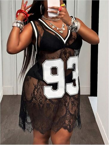 WDIRARA Women's Plus Size Lace Sheer Jersey Dress Number Graphic V Neck Sleeveless Mini T Shirt Dresses in Saudi Arabia