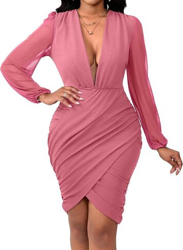 SeNight Women's Dress Sexy V Neck Dresses Bodycon Mesh Long Sleeve Breathable Mini Pencil Clubwear for Evening Party in Kuwait
