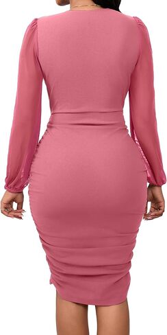SeNight Women's Dress Sexy V Neck Dresses Bodycon Mesh Long Sleeve Breathable Mini Pencil Clubwear for Evening Party in Kuwait