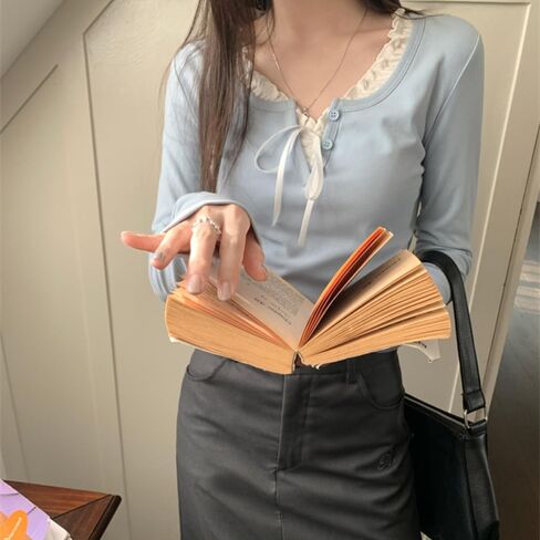 Coquette ملابس جرلي قمصان طويلة الأكمام بلايز الدانتيل تقليم ربطة القوس فيونكة ديكور المحملة الجمالية مضلع نحيل الخروج وتتسابق in Kuwait