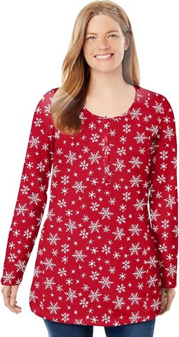 Woman Within Plus Size Perfect Printed Long-Sleeve Henley Tee in Saudi Arabia