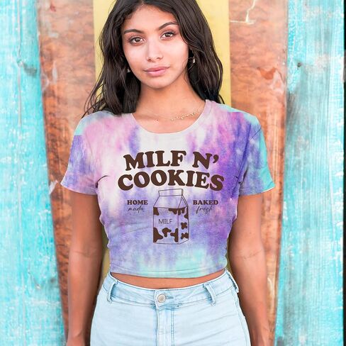 تي شيرت نسائي قصير من Milf and Cookies، مزيج من القطن الناعم، قميص قصير in Kuwait