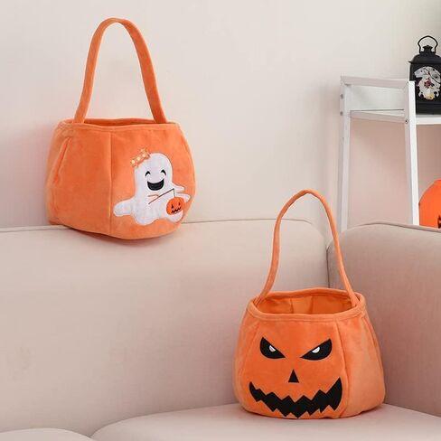 سلة الحلوى OneCut Halloween Ghost Trick or Treat، حقيبة حمل قطيفة برتقالية مع تصميم شبح مبتسم in Kuwait