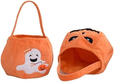 سلة الحلوى OneCut Halloween Ghost Trick or Treat، حقيبة حمل قطيفة برتقالية مع تصميم شبح مبتسم in Kuwait