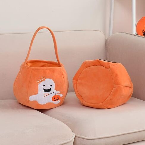 سلة الحلوى OneCut Halloween Ghost Trick or Treat، حقيبة حمل قطيفة برتقالية مع تصميم شبح مبتسم in Kuwait