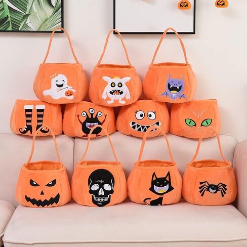 سلة الحلوى OneCut Halloween Ghost Trick or Treat، حقيبة حمل قطيفة برتقالية مع تصميم شبح مبتسم in Kuwait