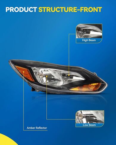 PHILTOP Headlight Assembly for 2012 2013 2014 Ford Focus, Black Housing with Amber Reflector Clear Lens, Halogen Headlamp OE Replacement Driver & Passenger Side in Saudi Arabia