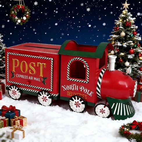 Xmas Letters to Santa Mailbox Christmas Red Train Decorative Box North Pole Post Vintage Mailbox Christmas Decorative Boxes Farmhouse Decor Rustic Metal Christmas Decorations for Home in Saudi Arabia