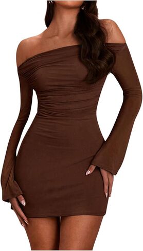 SOLY HUX Women's Ruched Off The Shoulder Bodycon Mini Dress Long Sleeve Party Dresses in Kuwait