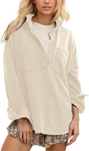 Locachy Women's Casual Oversized Polo Sweatshirt Lapel Long Sleeve Button Pullover Tops Fashion Outfits Clothes in Saudi Arabia