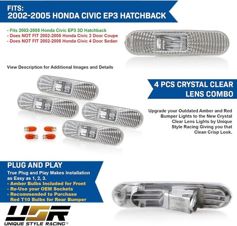أضواء العلامات الجانبية REVi MotorWerks USR DEPO 02-05 Civic ثلاثية الأبعاد - مجموعة مصابيح جانبية ممتصة للصدمات متوافقة مع 2002-2005 Honda Civic Si EP EP3 3 أبواب هاتشباك (عدسة شفافة 4 قطع، أمامي + خلفي) in Saudi Arabia