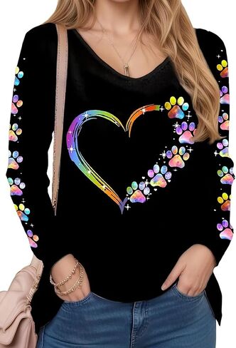 VKEGNIO Rhinestone Heart V Neck Shirts Womens Funny Heart Printed Pattern Pullover Casual Loose Long Sleeve Tunic Shirt Tops in Kuwait