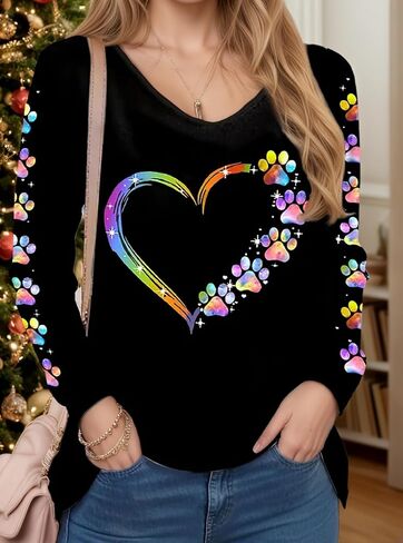VKEGNIO Rhinestone Heart V Neck Shirts Womens Funny Heart Printed Pattern Pullover Casual Loose Long Sleeve Tunic Shirt Tops in Kuwait