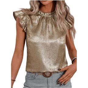 OYOANGLE Women's Metallic Ruffle Cap Sleeve Mock Neck Blouse Frill Trim Party Holiday Tops in Saudi Arabia