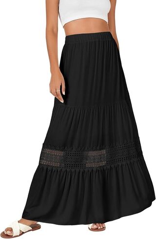 LYANER Women's Ruffle Tiered Long Skirt Elastic High Waist Pleated Lace Trim A-line Boho Maxi Skirts in Kuwait