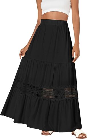 LYANER Women's Ruffle Tiered Long Skirt Elastic High Waist Pleated Lace Trim A-line Boho Maxi Skirts in Kuwait