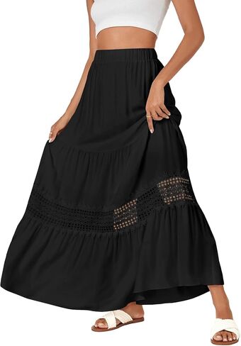 LYANER Women's Ruffle Tiered Long Skirt Elastic High Waist Pleated Lace Trim A-line Boho Maxi Skirts in Kuwait