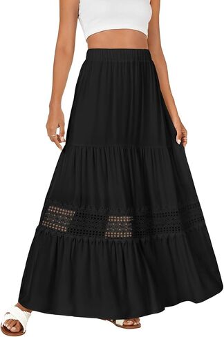 LYANER Women's Ruffle Tiered Long Skirt Elastic High Waist Pleated Lace Trim A-line Boho Maxi Skirts in Kuwait
