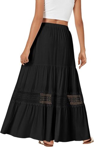 LYANER Women's Ruffle Tiered Long Skirt Elastic High Waist Pleated Lace Trim A-line Boho Maxi Skirts in Kuwait