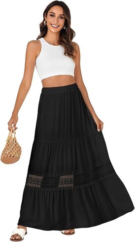 LYANER Women's Ruffle Tiered Long Skirt Elastic High Waist Pleated Lace Trim A-line Boho Maxi Skirts in Kuwait