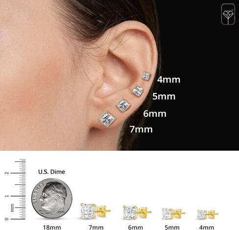 14K Gold Princess Cut Cz Stud أقراط للنساء والرجال | كوبان Zirconia أقراط الأزرار | 4mm-7mm cz arics by max + stone in Saudi Arabia
