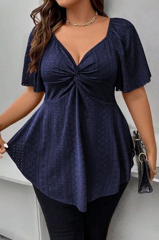 Eytino Womens Plus Size Tops Twist Front V Neck Short Sleeve Eyelet Embroidery Summer Loose Blouse Shirts(1X-5X) in Saudi Arabia