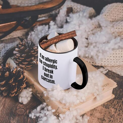 3dRose I'm Allergic to Stupidity I Break Out in Sarcasm Two Tone Mug, 11 oz, Black in Saudi Arabia