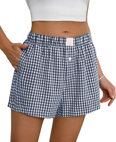 Womens Boxer Shorts Cotton Summer Casual Pajama Y2K Sleep Gingham Plaid Shorts Bottom with Pockets in Kuwait